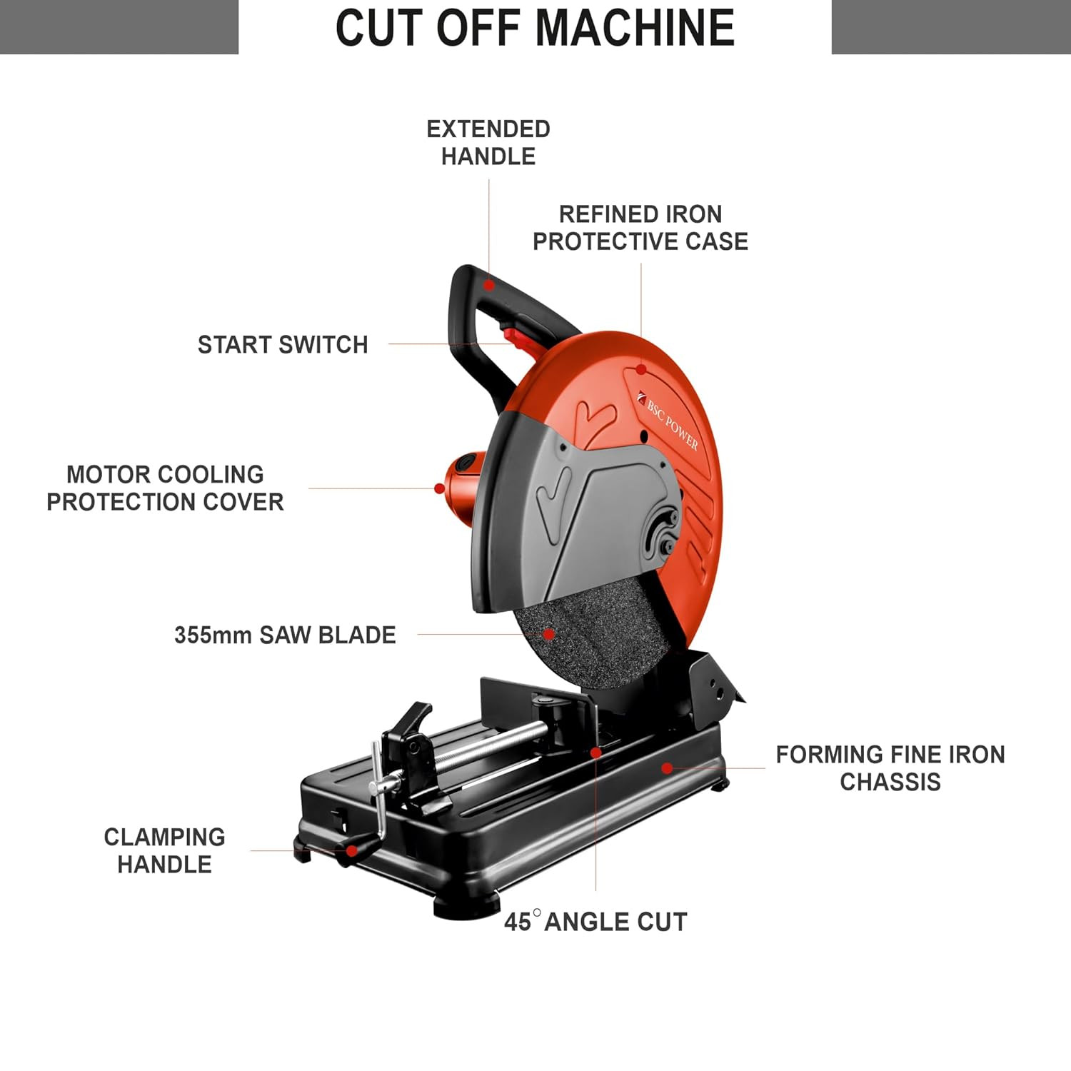 BSC POWER BSC-COM-9280 CUT OFF SAW, 2500W | 3800RPM CHOP SAW, POWER SAW WITH HEAVY DUTY STEEL BASE, ELECTRIC CUT OFF SAW, PROFESSIONAL CUT OFF SAW MACHINE WITH 1PCS 355MM CUTTING DISC